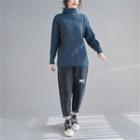 High-neck Ribbed Knit Sweater Cyan - One Size