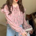 Floral Print Bell-sleeve Chiffon Blouse Pink - One Size