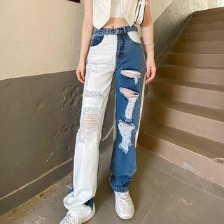 Two Tone Distressed Straight Leg Jeans
