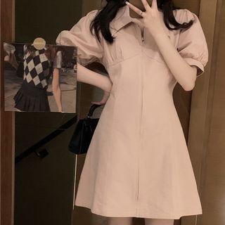 Puff-sleeve Zip Mini A-line Dress