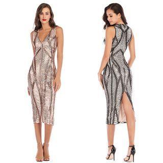 Sequined Sleeveless Midi Sheath Dress