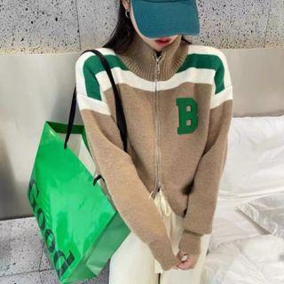 Turtleneck Lettering Zip Knit Jacket