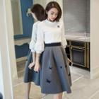 Set: Mock Neck 3/4 Sleeve Blouse + Butterfly Embroidered Midi Flared Skirt
