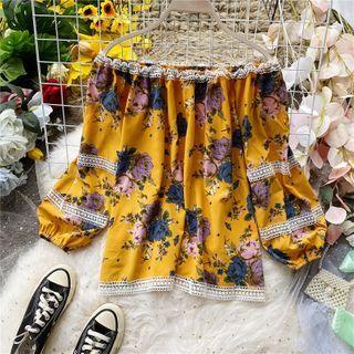 Lace-trim Off-shoulder Floral Print Chiffon Blouse