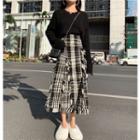 Fray-hem Sweater / Fringed Plaid Midi A-line Skirt