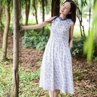 Printed Mandarin Collar Sleeveless A-line Dress