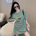 Elbow-sleeve Smiley Striped T-shirt Stripe - Green & Gray - One Size