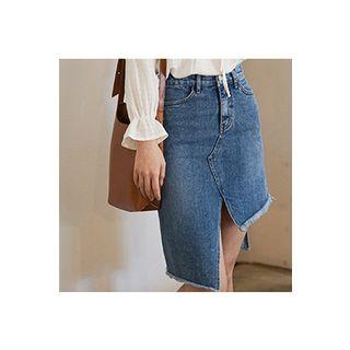 Cutout-hem Washed Denim Skirt