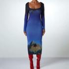 Long-sleeve Square-neck Print Midi Sheath Dress