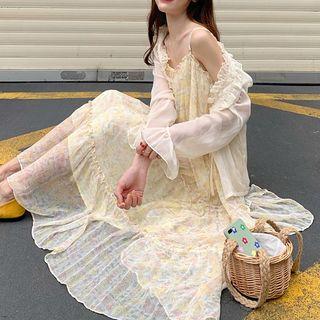 Floral Print Slipdress / Ruffle Chiffon Cardigan