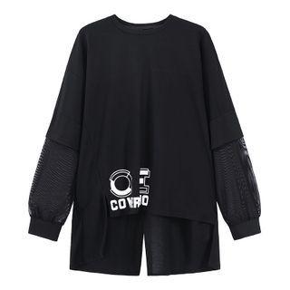 Long-sleeve Mesh Lettering Top Black - One Size