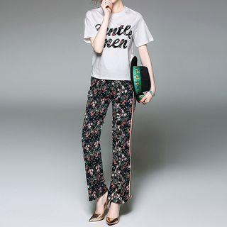 Set: Lettering Applique Short-sleeve T-shirt + Printed Pants