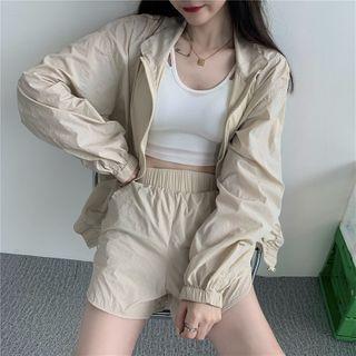 Plain Zip-up Jacket / High-waist Wide-leg Shorts