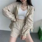 Plain Zip-up Jacket / High-waist Wide-leg Shorts