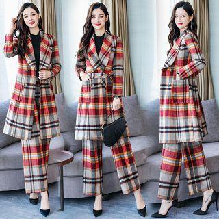Set: Plaid Double-breasted Coat + Wide Leg Pants