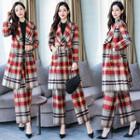 Set: Plaid Double-breasted Coat + Wide Leg Pants