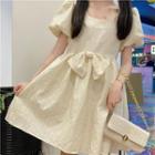 Puff-sleeve Ribbon A-line Dress Almond - One Size