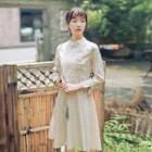 Mandarin Collar Long-sleeve Plaid Midi A-line Dress