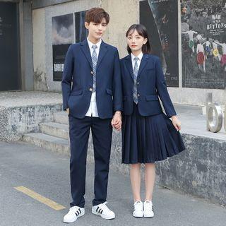 Couple Matching Shirt / Plaid Neck Tie / Straight Leg Pants / A-line Skirt / Blazer / Badge / Set