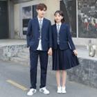 Couple Matching Shirt / Plaid Neck Tie / Straight Leg Pants / A-line Skirt / Blazer / Badge / Set