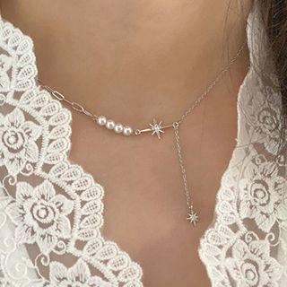 Star Pendant Faux Pearl Alloy Choker Silver - One Size