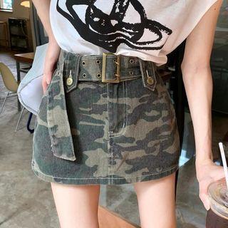Camo Print Belted A-line Denim Skirt