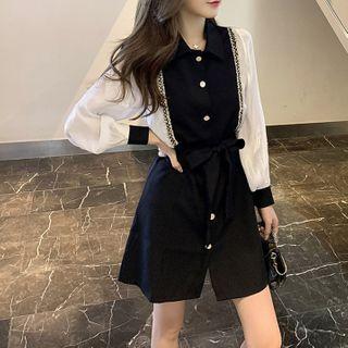 Puff-sleeve Tweed Trim A-line Dress