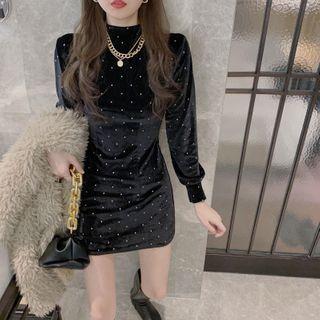 Long-sleeve Embellished Velvet Mini Sheath Dress