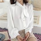 Plain Stand-collar Bow-accent Blouse