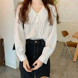 Patterned Button-up Sweater Vest / Lace Trim Shirt