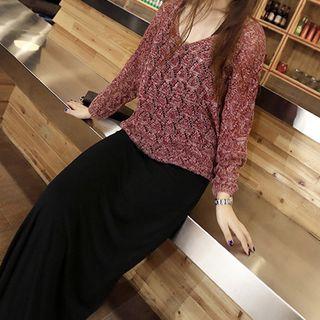 Set: Crochet Knit Long-sleeve Top + Midi Tank Dress