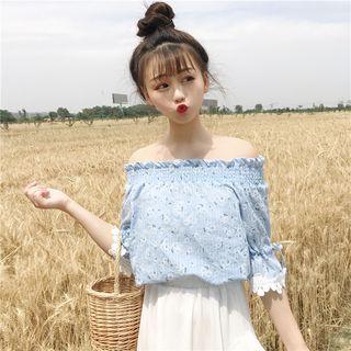 Print Off-shoulder Elbow-sleeve T-shirt