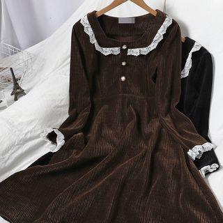 Long-sleeve Lace Trim Collared A-line Dress