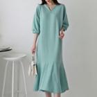 Notch-neck Ruffle-hem Midi Dress