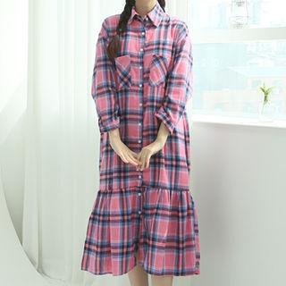 Flounce Plaid Long Shirtdress