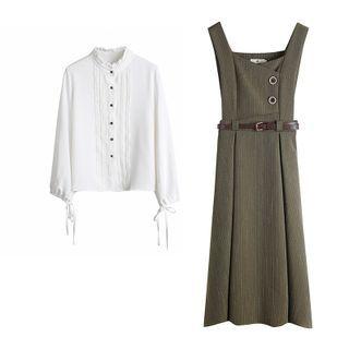 Ruffle Collar Blouse / Midi A-line Overall Dress