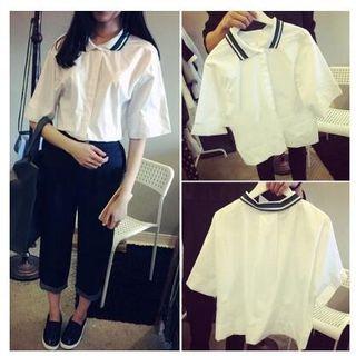Stripe Trim Elbow-sleeve Blouse