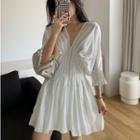 Elbow-sleeve Pleated A-line Mini Dress