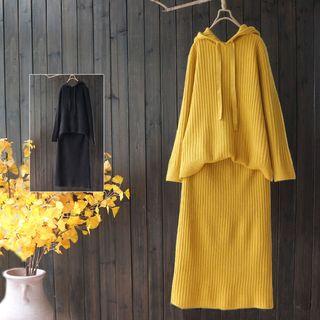 Set: Hooded Rib Sweater + Knit Midi Skirt