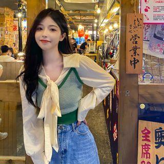 Lace-up Strap Long-sleeve Shirt / Striped Knit Suspender Top