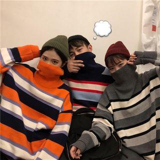 Striped Turtleneck Long-sleeve Loose-fit Sweater