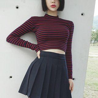 Mock Turtleneck Long-sleeve Striped Crop Top Red Stripe - Dark Blue - One Size