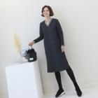 V-neck Contrast-frim Fleece-lined Dress Charcoal Gray - One Size