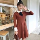 Bow Accent Long-sleeve Collared Dress