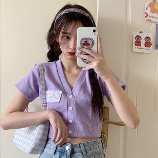 V Collar Embroider Short-sleeved Knit Top