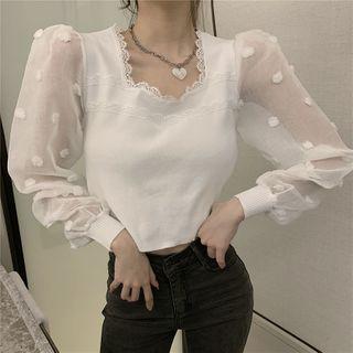 Long-sleeve Dotted Mesh Lace Trim Crop Top