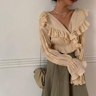 Frilled Smocked Chiffon Blouse Beige - One Size