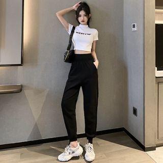 Lettering Crop T-shirt / High-waist Harem Pants
