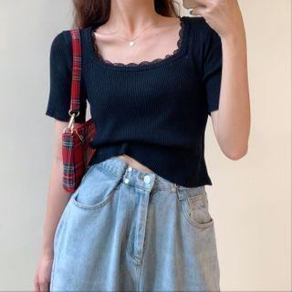 Short-sleeve Square Neck Lace Trim Knit Top