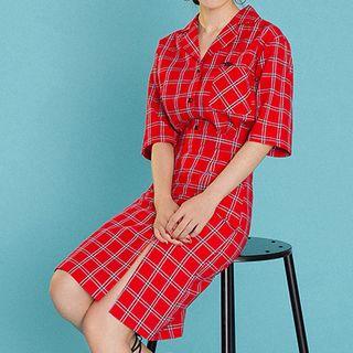 Set: Elbow-sleeve Plaid Shirt + A-line Skirt